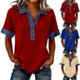 thumbnail image 1 of Womens Denim Collared Casual Shirts Buttons Decor V Neck Dressy Tops Patchwork Splicing Summer Pullover Blue 2XL, 1 of 6