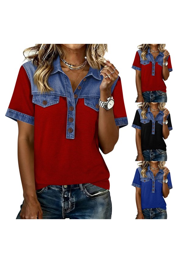 Womens Denim Color Block Patchwork Button Flap Polo Top Short Sleeve Fashion Patchwork Western Blouses 2026 Red S