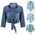 thumbnail image 1 of Womens Denim Crop Shirt 3/4 Sleeve Button Down Front With Knot Tie Detail Casual Jacket, 1 of 8