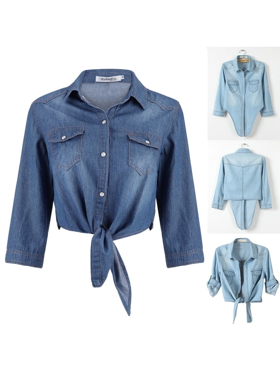 Womens Denim Crop Shirt 3/4 Sleeve Button Down Front With Knot Tie Detail Casual Jacket