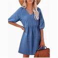 thumbnail image 1 of Womens Denim Dress Casual V Neck 3/4 Length Puff Sleeve Back Tie A Line Summer Dresses, 1 of 5