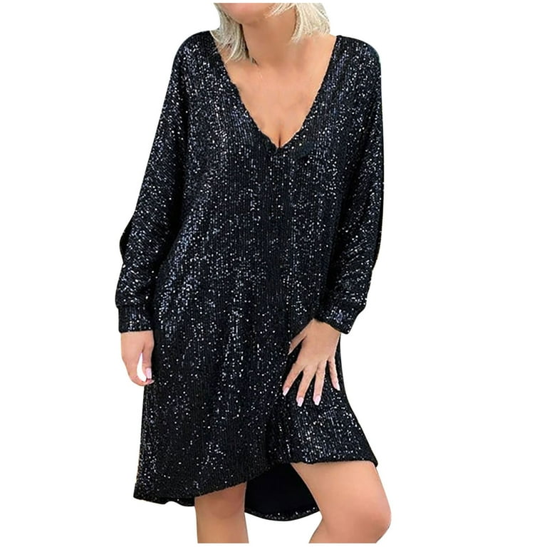 Black Split V Neck Long Sleeve Shift Dresses Black Split V Neck Long Sleeve Shift Dresses