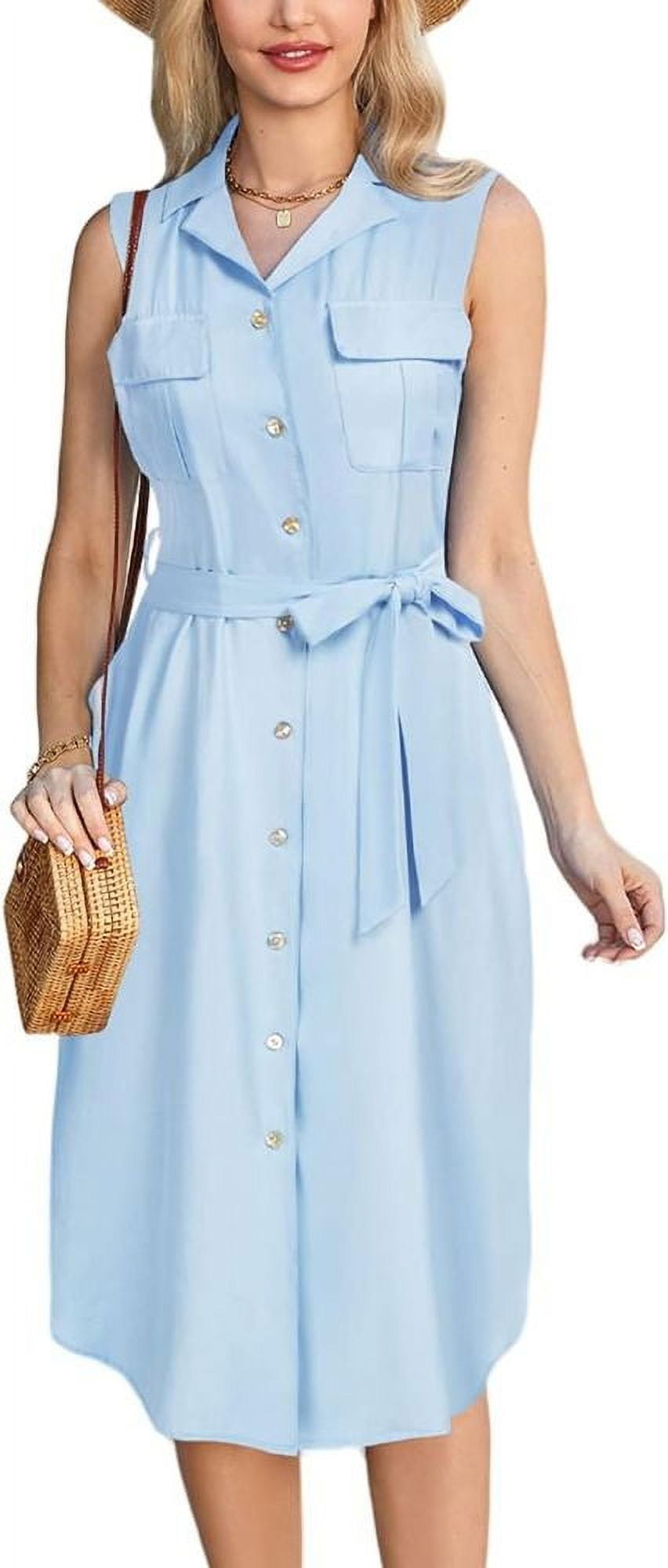 Womens Denim Dress Sleeveless Casual Jean Shirt Dresses Button Down A line Chambray Dress with Belt XL
