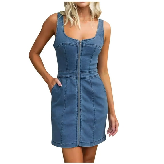Womens Denim Dresses Sexy Sleeveless Scoop Neck Zipped Front Casual Solid Color Slim Fit Short Work Mini Dress with Pockets