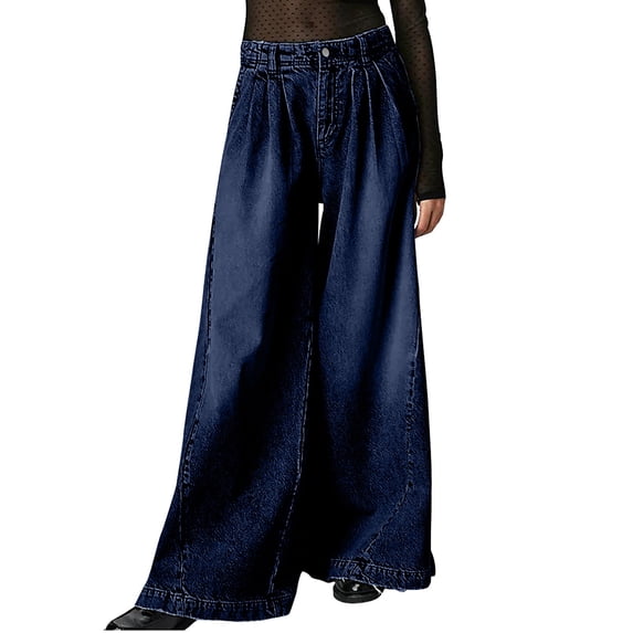 Womens Denim High Waisted Wide Leg Jeans Loose Button Closure Belt Loops Trousers with Pockets Trendy Casual Vacation Pants Dark Blue