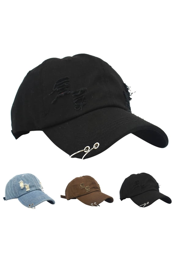 Womens Denim Iron Ring Distressed Baseball Cap Korean Style Visor Hat Black