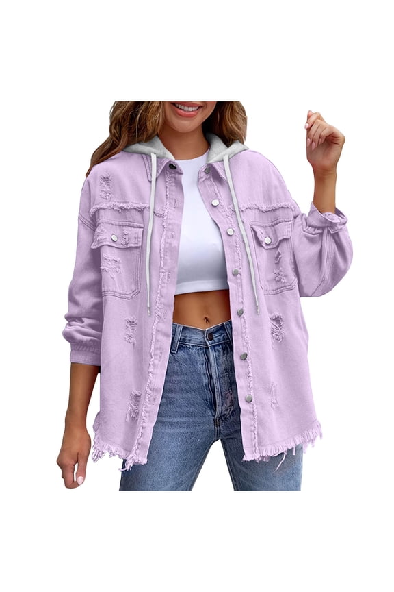 Womens Denim Jacket Distressed Ripped Long Sleeve Loose Coat with Detachable Hood Button Up Frayed Jean Shacket