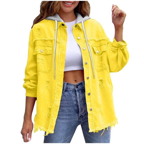 Womens Denim Jacket Distressed Ripped Long Sleeve Loose Coat with Detachable Hood Button Up Frayed Jean Shacket
