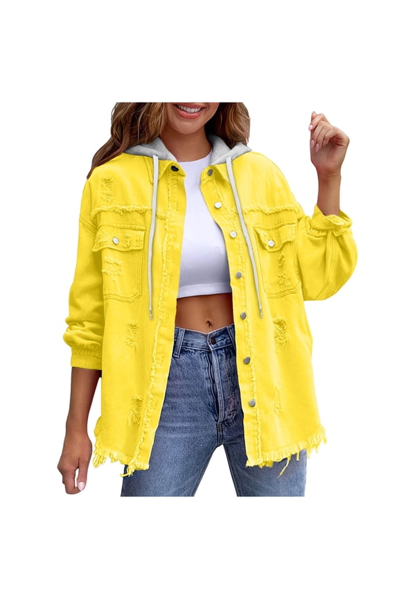 Womens Denim Jacket Distressed Ripped Long Sleeve Loose Coat with Detachable Hood Button Up Frayed Jean Shacket