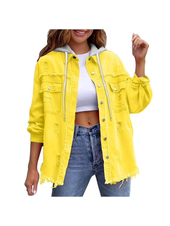 Womens Denim Jacket Distressed Ripped Long Sleeve Loose Coat with Detachable Hood Button Up Frayed Jean Shacket