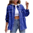 thumbnail image 1 of Womens Denim Jacket Distressed Ripped Long Sleeve Loose Coat with Detachable Hood Button Up Frayed Jean Shacket, 1 of 9