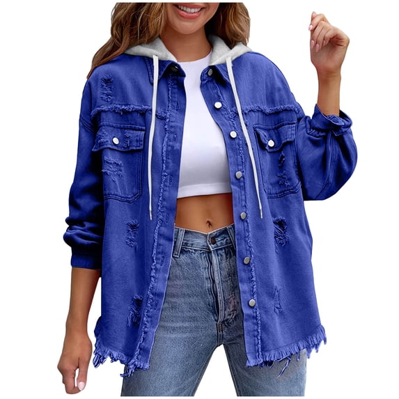 Womens Denim Jacket Distressed Ripped Long Sleeve Loose Coat with Detachable Hood Button Up Frayed Jean Shacket