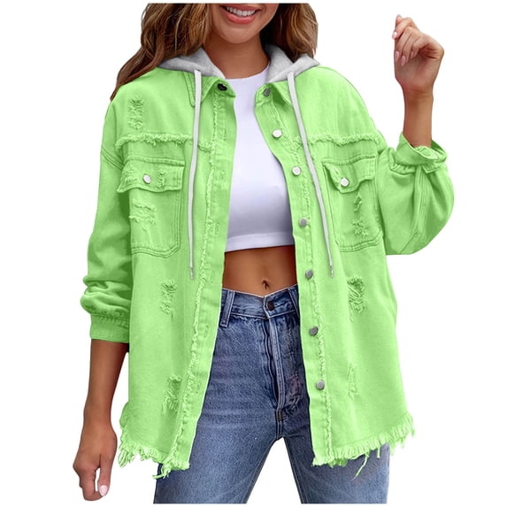 Womens Denim Jacket Distressed Ripped Long Sleeve Loose Coat with Detachable Hood Button Up Frayed Jean Shacket