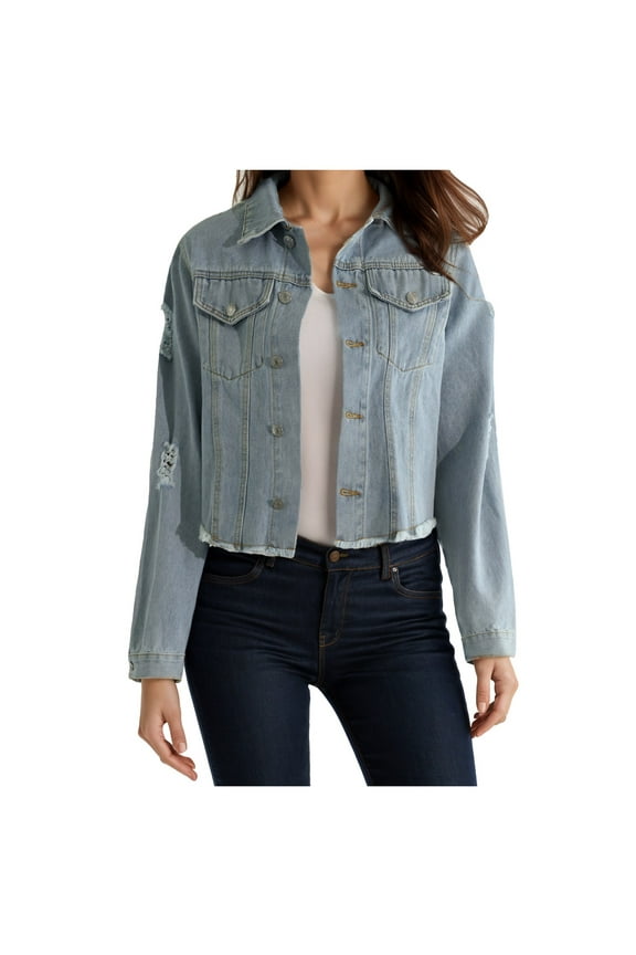 Womens Denim Jacket Jean Jacket Casual Loose Ripped Long Sleeve Short Clothes