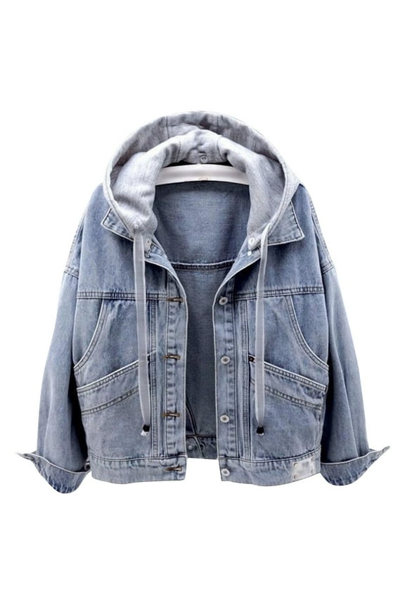 Womens Denim Jacket Jean Jacket Fashion With Large Pockets Hooded Design Clothes