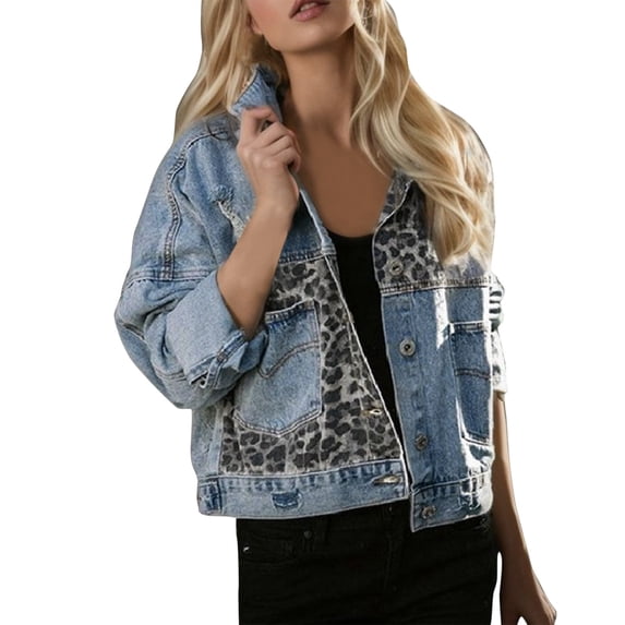 Womens Denim Jacket Jean Jacket Ladies Leopard Print Patchwork With Long Sleeves Clothes