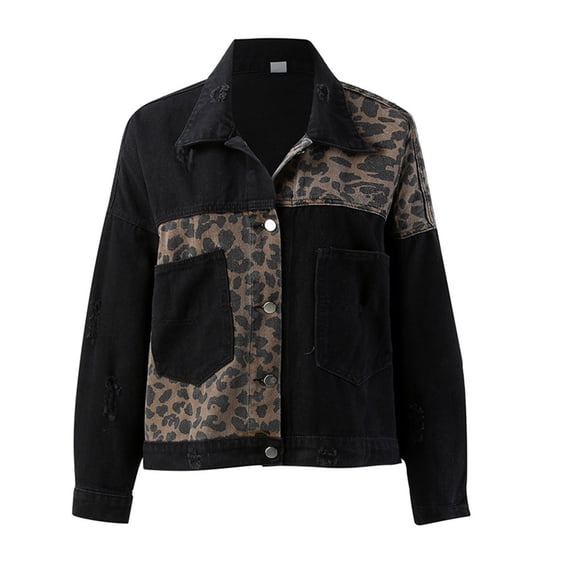 Womens Denim Jacket Jean Jacket Ladies Leopard Print Patchwork With Long Sleeves Clothes