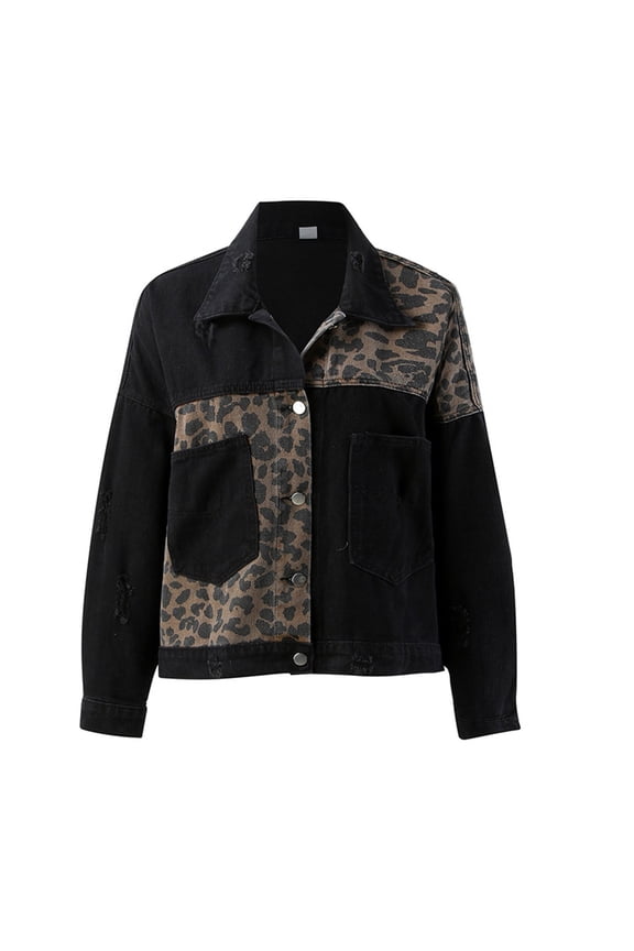 Womens Denim Jacket Jean Jacket Ladies Leopard Print Patchwork With Long Sleeves Clothes