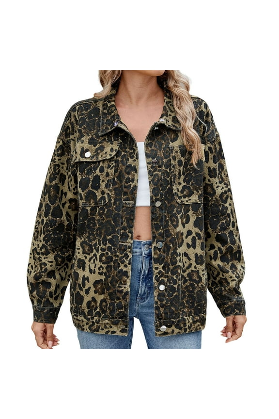 Womens Denim Jacket Jean Jacket Plus Size Coat Casual Round Neck Leopard Print Outerwear Ideal Spring Summer Pairs With Classic Clothes