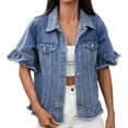 thumbnail image 1 of Womens Denim Jacket Jean Jacket Short Sleeved Water Washed With Fringe Hem Clothes, 1 of 9
