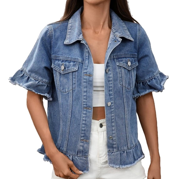 Womens Denim Jacket Jean Jacket Short Sleeved Water Washed With Fringe Hem Clothes