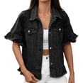 thumbnail image 1 of Womens Denim Jacket Jean Jacket Short Sleeved Water Washed With Fringe Hem Clothes, 1 of 9