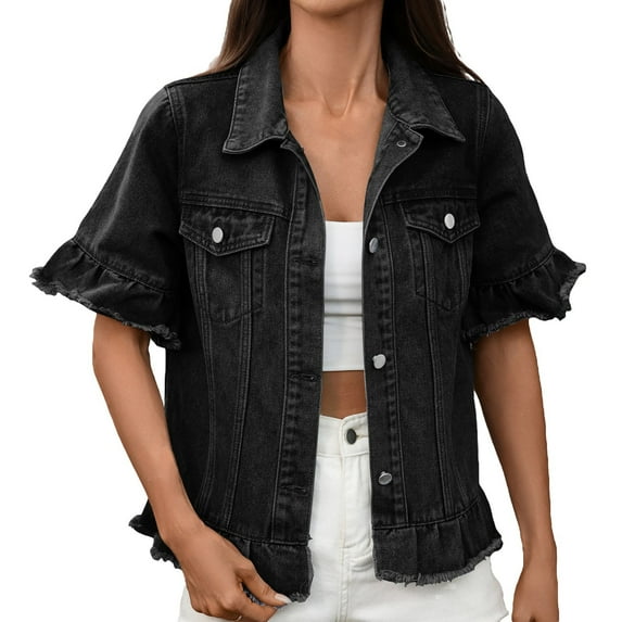 Womens Denim Jacket Jean Jacket Short Sleeved Water Washed With Fringe Hem Clothes