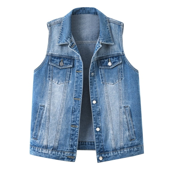 Womens Denim Jacket Jean Jacket Solid Color Long Sleeveless Button Down Hoodless Coat Clothes