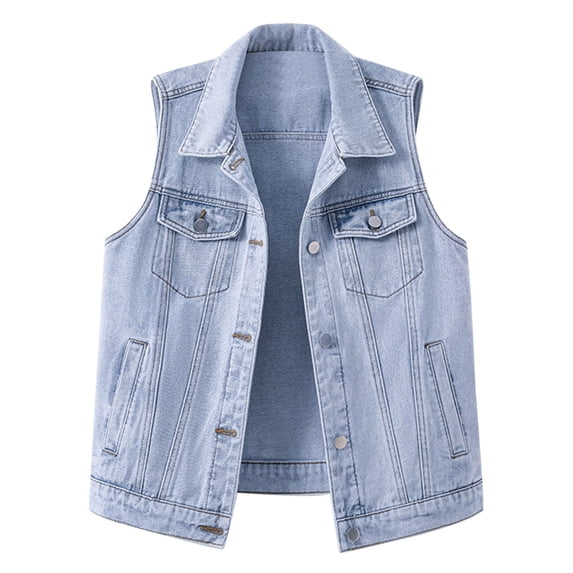 Womens Denim Jacket Jean Jacket Solid Color Long Sleeveless Button Down Hoodless Coat Clothes