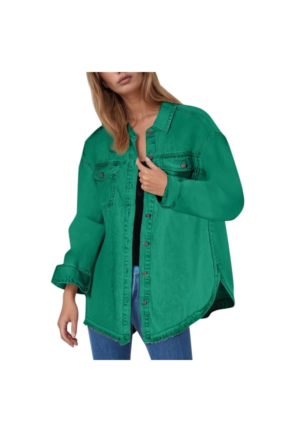 Womens Denim Jacket Jean Jacket Solid Washed Shirt With Hem Street Outerwear Clothes