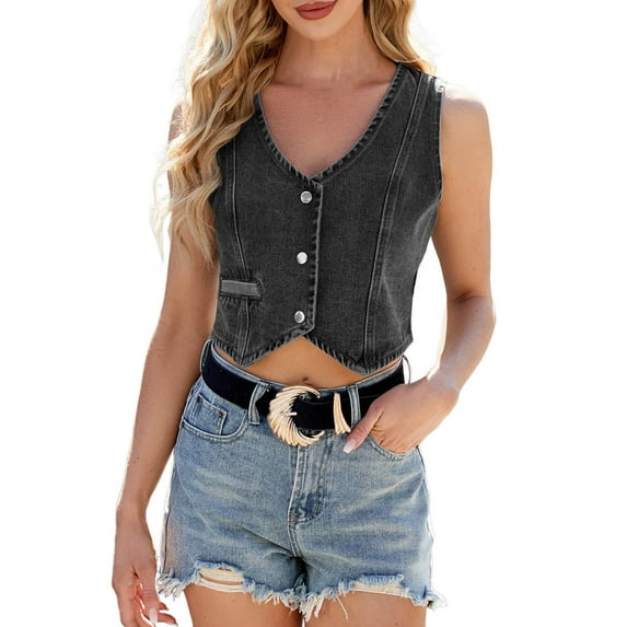 Womens Denim Jacket Jean Jacket Vest Casual Cropped Top Spring Summer Fall Outfits With Clothes