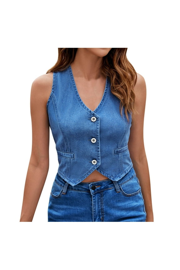 Womens Denim Jacket Jean Jacket Vest Sleeveless V Neck Button Down Summer Crop Tops Clothes