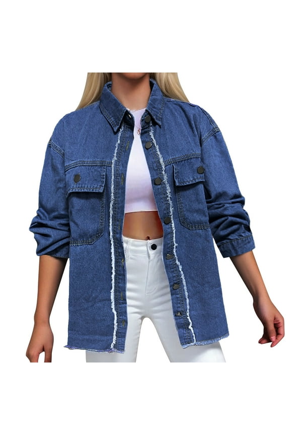 Womens Denim Jacket Jean Jacket Wash Adjustable Sleeve Shirt Loose Top Clothes