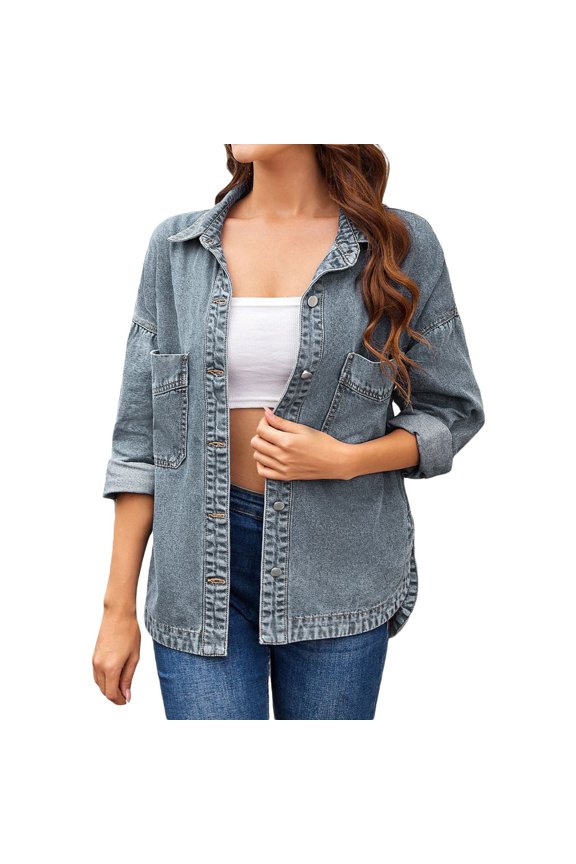 Womens Denim Jacket Jean Jacket Washed Flared Shirt With Side Slits Early Autumn Clothes