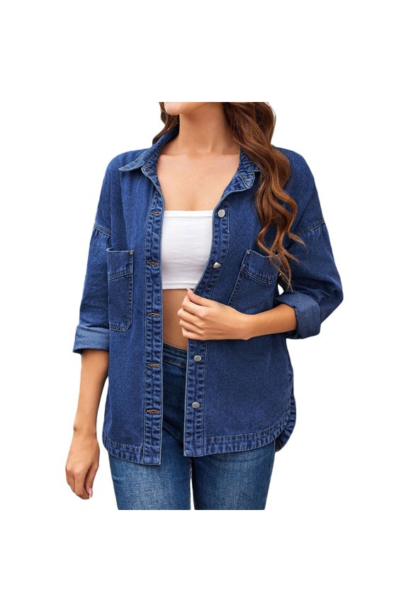 Womens Denim Jacket Jean Jacket Washed Flared Shirt With Side Slits Early Autumn Clothes