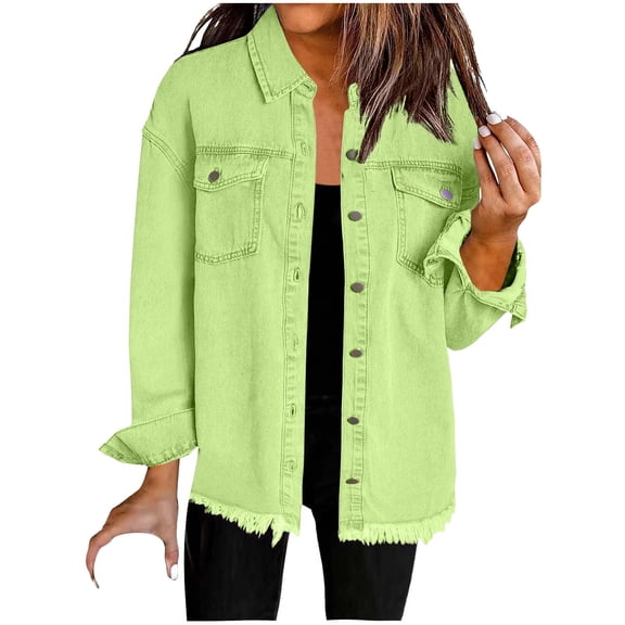 Womens Denim Jacket, Oversized Button up Frayed Hem Shacket with Pockets Long Sleeve Jean Jacket Long Coat Lady Winter Green XL