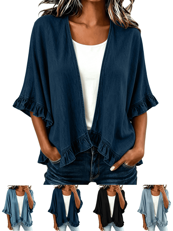 Womens Denim Jacket Ruffled Hem and Cuffs Jean Jackets Casual Lightweight Stretch Jacket Trendy 2026 Fall Country Concert Outfits
