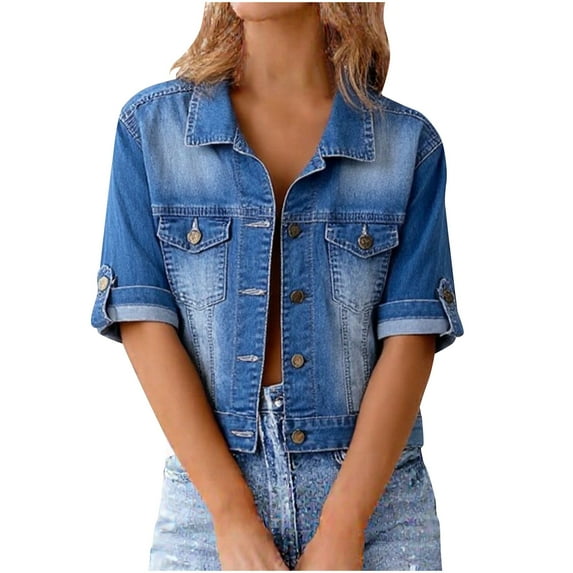 Womens Denim Jacket, Short Sleeve Shirts for Women Summer Casual Vintage Blue Lapel Button Down Blouse Coats with Pockets S-3XL