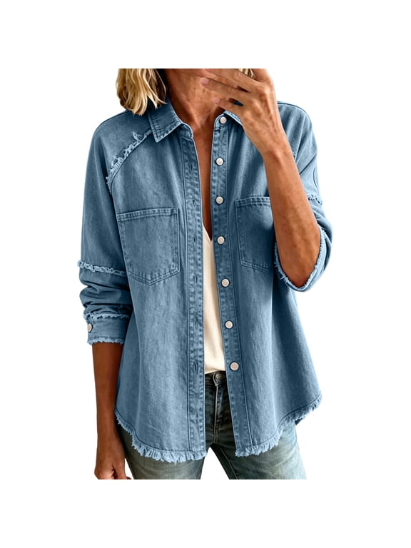Womens Denim Jacket Women's Frayed Denim Jacket Oversized Button Down Shacket Long Sleeve Distressed Frayed Hem Collared Casual Coat with Chest Pockets for Daily Outings Streetwear