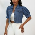 thumbnail image 1 of Womens Denim Jacket Women's Puff Short Sleeve Cropped Denim Jacket Wash Lapel Slim Short Jean Cardigan Coat Dark Blue M, 1 of 6