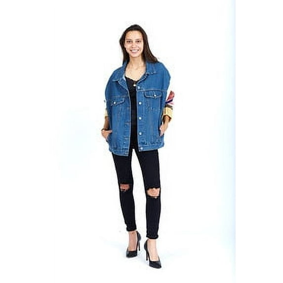 Womens Denim Jacket with Crochet knit sleeves