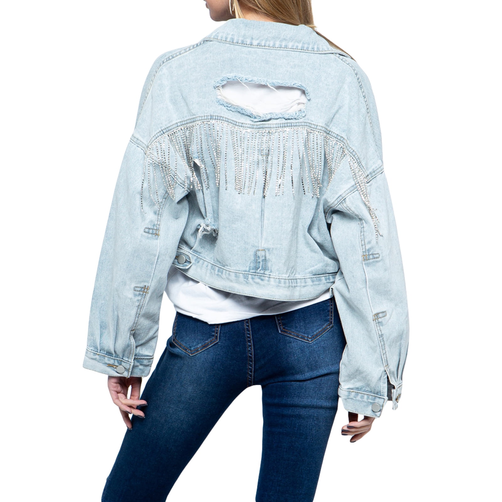 Carley Rhinestone Fringe Denim Jacket in Light Wash | Size Large | 100% Cotton | American Threads