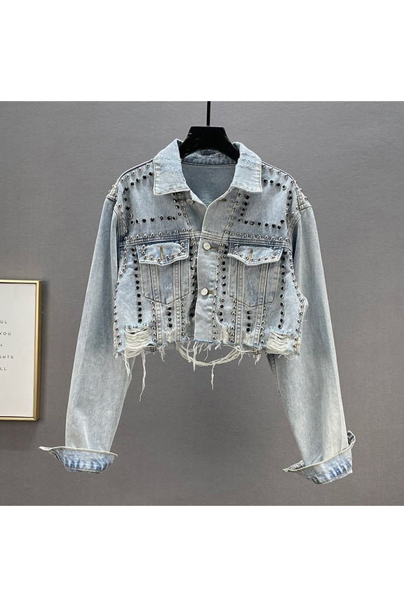 Womens Denim Jackets Distressed Ripped Long Sleeve Jean Jacket Coats Gray L