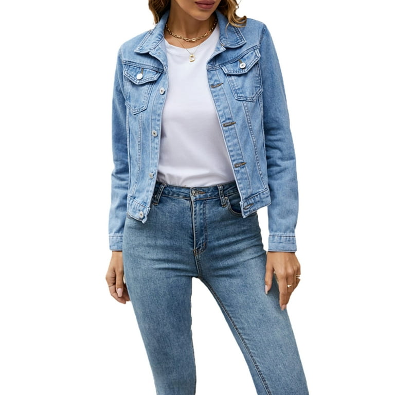Womens Denim Jackets Oversize Long Sleeve Solid Color Basic Button