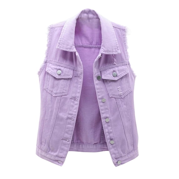 Womens Denim Jean Vest Classic Button Up Cropped Distressed Sleeveless Jean Jacket Casual Waistcoat