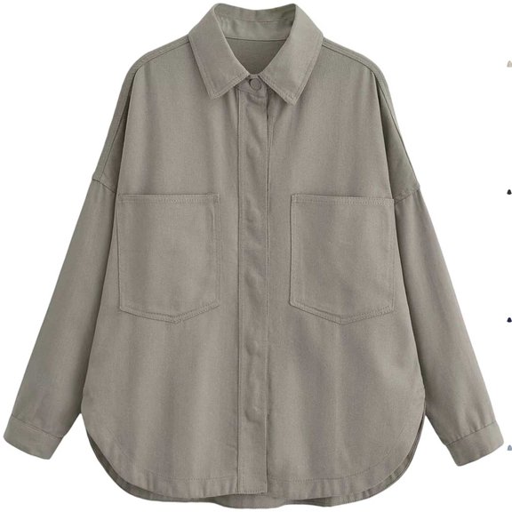 Womens Denim Long Sleeve Shacket Oversized Boyfriend Button Down Shirt Jean Jacket Curved Hem Drop Shoulder for Casual Daily Wear, Army Green, XS