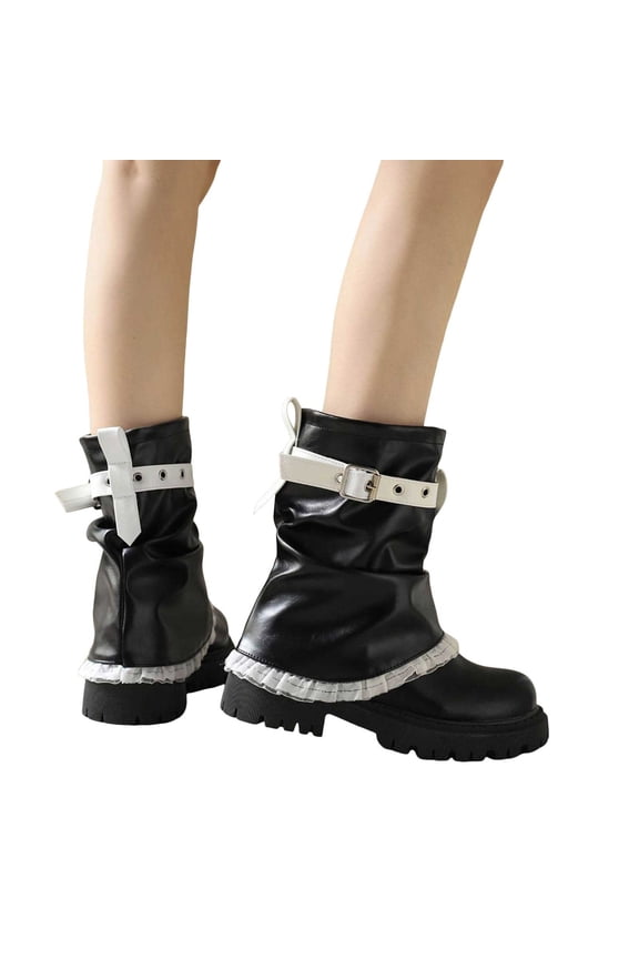 Womens Denim Mid Calf Fold Over Boots Wide Toe Box Lace Platform Ankle Boots Slip On Stacked Low Heel Buckle Motocycle Boots Black Size 7