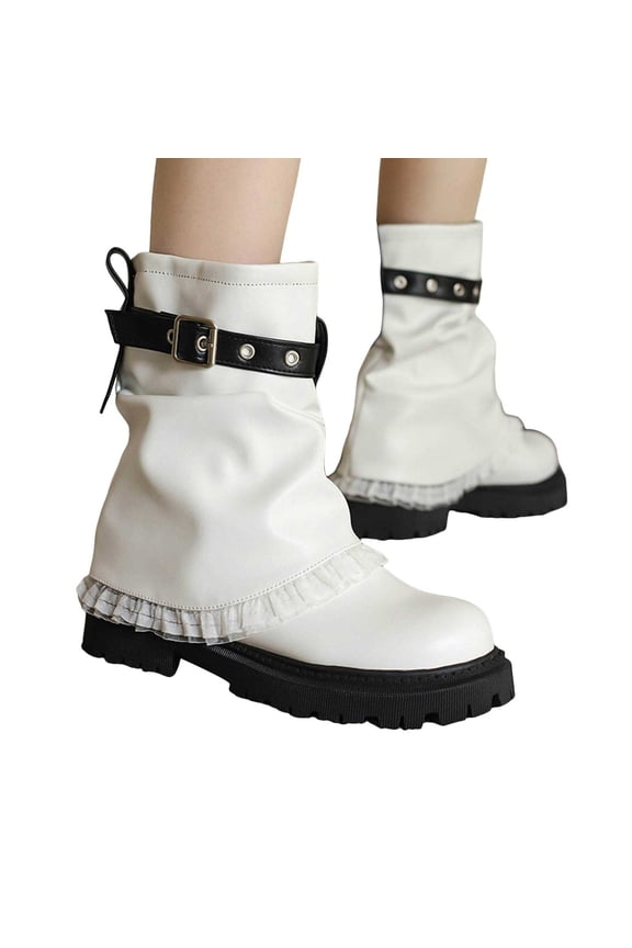 Womens Denim Mid Calf Fold Over Boots Wide Toe Box Lace Platform Ankle Boots Slip On Stacked Low Heel Buckle Motocycle Boots White Size 6