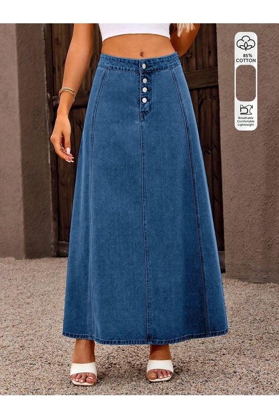 Womens Denim Midi Skirt High Waist Vintage Button Detail Color Block Woven Fabric Non Stretch Lightweight Summer Spring Autumn Blue Shades