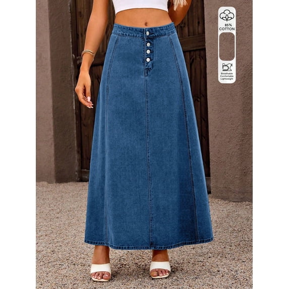 Womens Denim Midi Skirt High Waist Vintage Button Detail Color Block Woven Fabric Non Stretch Lightweight Summer Spring Autumn Blue Shades